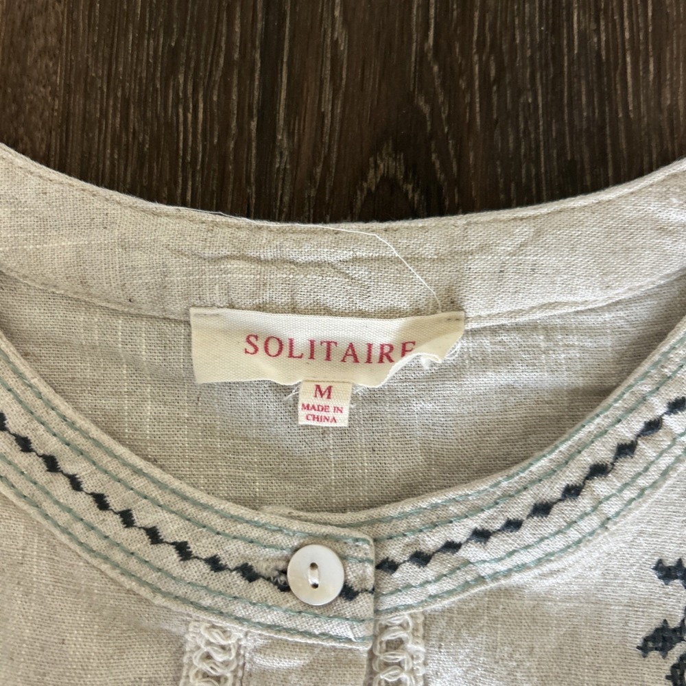 SOLITAIRE Needlepoint Floral Shirt Cropped Linen Blend Bell Sleeve Button Up M - Picture 3 of 8